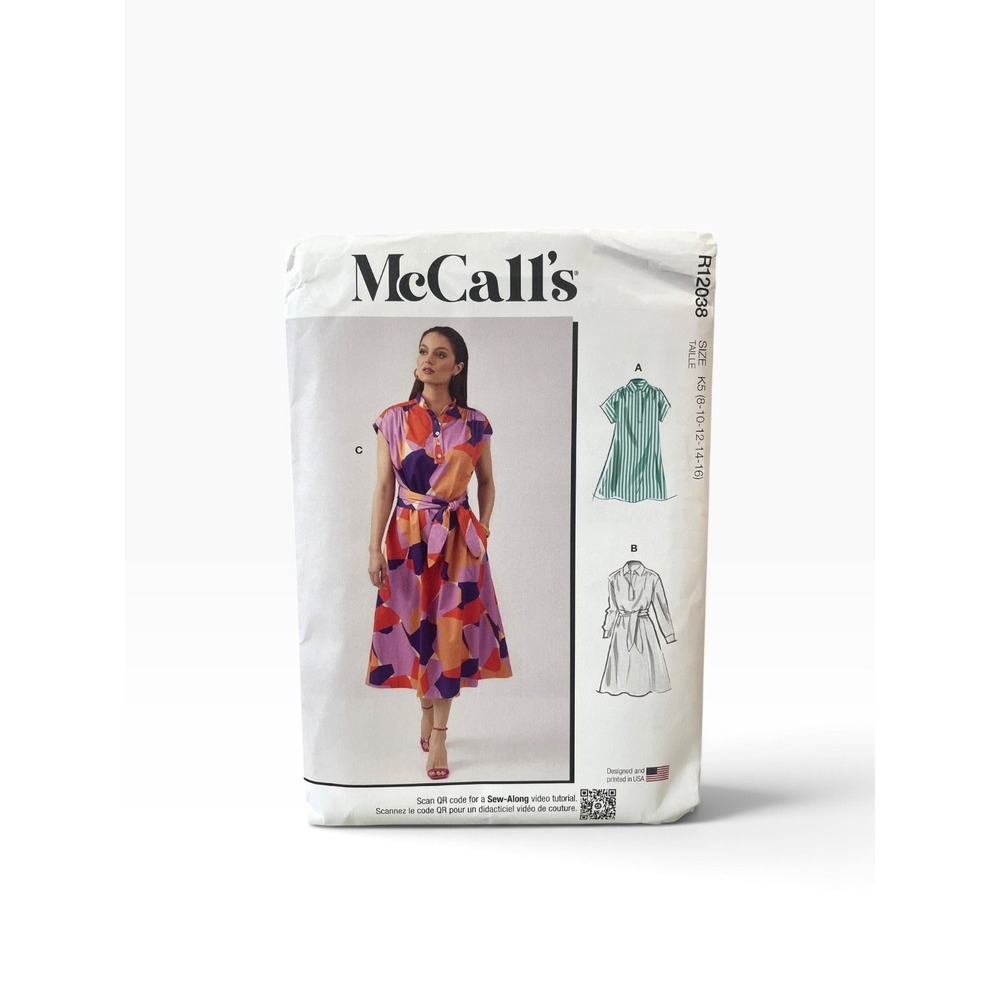 McCall's Sewing Pattern Misses Size 8-16 R12038 Shirt Dress Sash Uncut